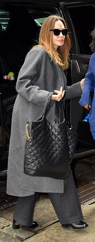 Angelina Jolie in grey coat with black leather bag in London on March 14 ~  I want her style - What celebrities wore and where to buy it. Celebrity  Style