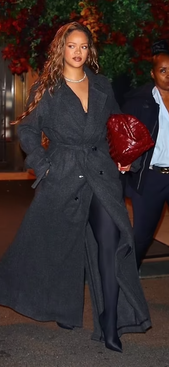 Who made Rihanna's gray coat, black pants, boots, and red woven clutch  handbag? – OutfitID