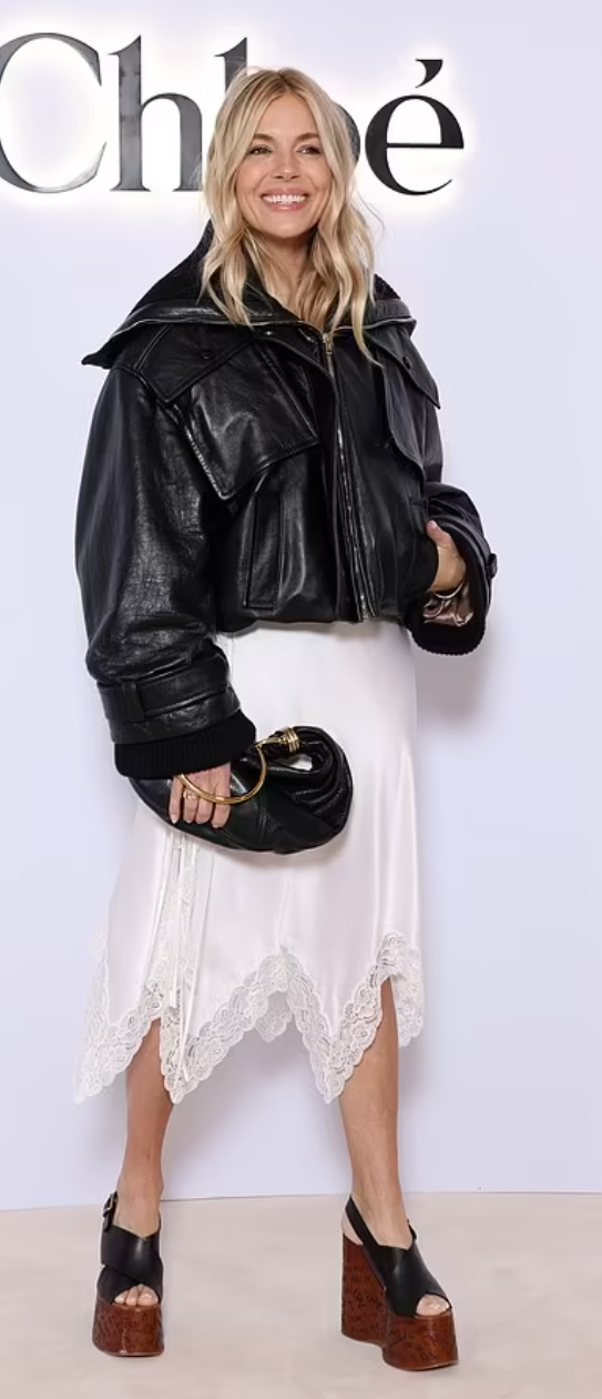 Who made Sienna Miller's white lace dress and black leather bomber jacket?  – OutfitID